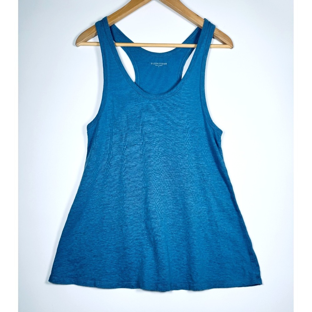Eileen‎ Fisher Linen Tank Top Small Blue Racerback Sleeveless Casual Minimalist